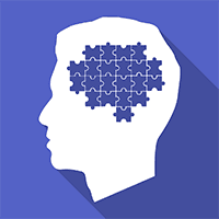 A blue background with a white head and puzzle pieces in the shape of a brain.