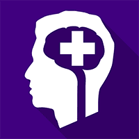 A purple background with a white head and cross in the middle.