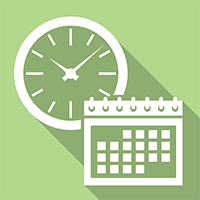 A green background with a clock and calendar.