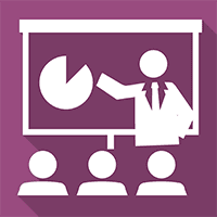 A white icon of a person giving presentation to people