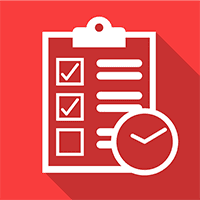 A red background with a white clipboard and clock.