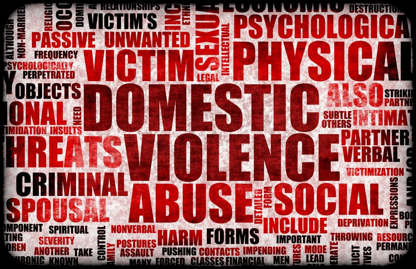 A red and white word cloud with words related to domestic violence.